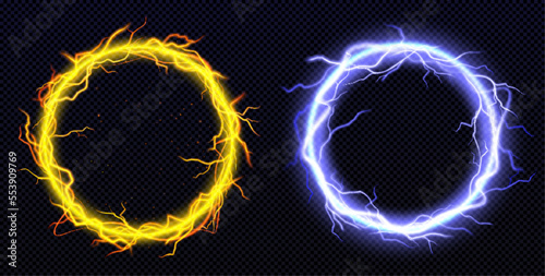 Set of round lightning frames png isolated on transparent background. Realistic vector illustration of magic energy effect circles in sparkling yellow and neon blue colors. Game ui design elements