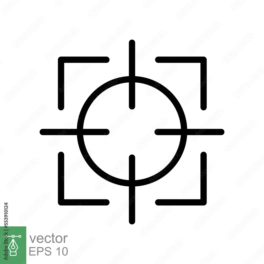 Focus target icon. Focus camera lens, square frame shot screen with cross symbol, photo concept. Simple outline style. Line vector illustration design isolated on white background. EPS 10. Focus target icon. Focus camera lens, square frame shot screen with cross symbol, photo concept. Simple outline style. Line vector illustration design isolated on white background. EPS 10.