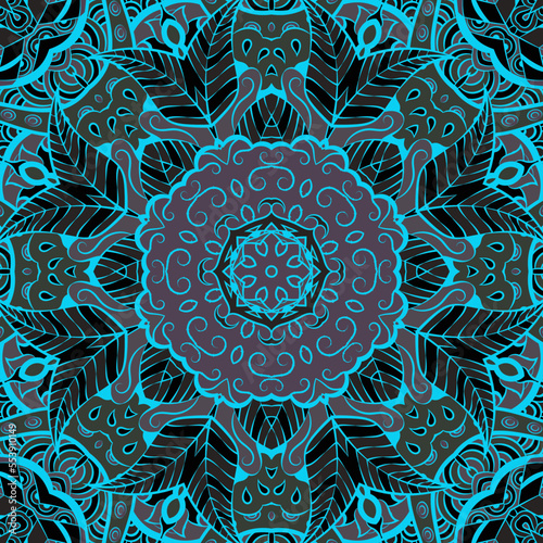 Seamless tile texture. Tracery mehndi design image. Dark toxic colors. Ethnic doodle art. Curved doodling picture. Vector