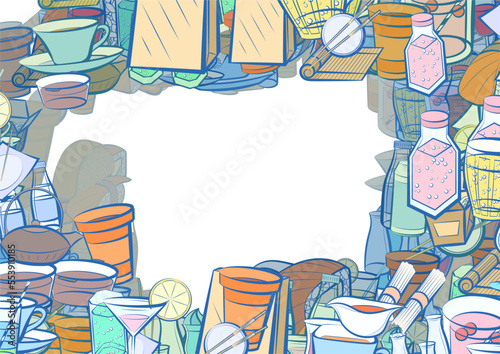 Background pattern abstract design texture. Japanese food and Drinks. Border frame, transparent background. Theme is about soda, cola, wine, figured glass, soba, soy sauce, cream, chopsticks