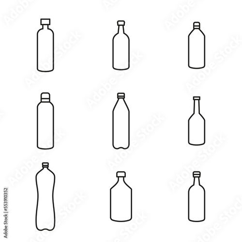 Vector set of icons of various bottles. Bottles of wine  water  vodka  liquor  cognac. Editable stroke.