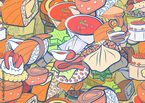 Background pattern abstract design texture. Seamless. Japanese food and Snacks. Theme is about cup, satiety, cucumber, star, biscuit, bottles, kyusu, basket, dough, liquids, loaf, soy sauce