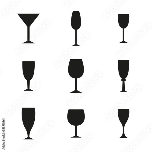 Vector set of bar alcohol glasses. Isolated black silhouettes on white background.