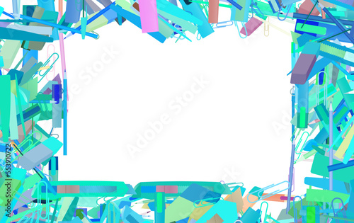 Background pattern abstract design texture. Border frame, transparent background. Theme is about employee, eraser, office, bureaucracy, ballpoint pen, paper knife, marker, cutter, clerical