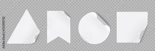 Set of white stickers with peel off corners png isolated on background. Realistic vector illustration of triangle, flag, round and square shape adhesive labels with flip edge. Marketing tags mockup