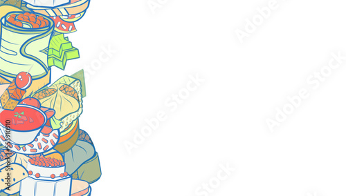 Background pattern abstract design texture. Cheeses and Snacks. Vertical seamless stripe. Border frame, transparent background. Theme is about twisted, wrapped up, rice, covered, dough, topping