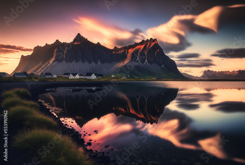 Iceland s Stokksnes Peninsula in the summertime features a sunrise above the Vestrahorn mountain range and water reflections in a viking town. Generative AI