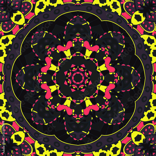 Seamless tile texture. Tracery mehndi design image. Dark toxic colors. Ethnic doodle art. Curved doodling picture. Vector