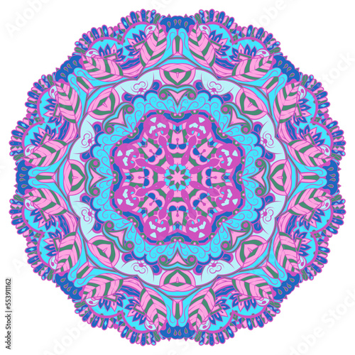 Mandala. Tracery wheel image. Mehndi design. Ethnic doodle art. Curved doodling picture. Vector