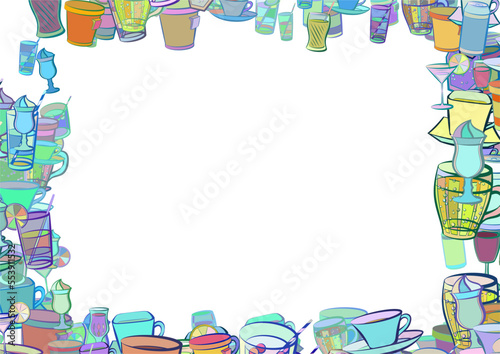 Background pattern abstract design texture. Drinks. Border frame, transparent background. Theme is about stand, compote, cocktail, wineglass, cola, saucer, thread, cream, glass, alcohol