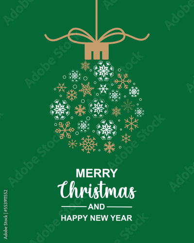 MERRY CHRISTMAS AND HAPPY NEW YEAR SNOWFLAKES DESIGN GREEN BACKGROUND