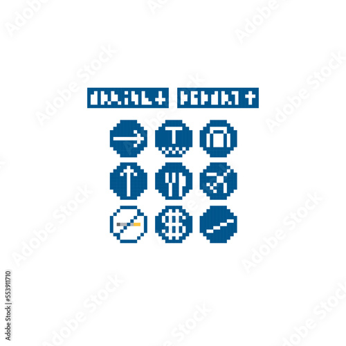 Airport navigation plates. Pixel art. Old school computer graphic. Element design stickers, logo, mobile app, menu. 8 bit video game. Game assets 8-bit sprite. 16-bit.