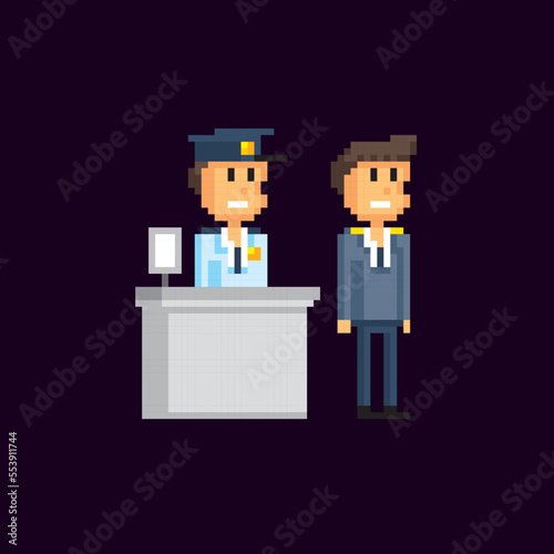 Customs, passport control, airport staff. Pixel art. Old school computer graphic. Element design stickers, logo, mobile app, menu. 8 bit video game. Game assets 8-bit sprite. 16-bit.