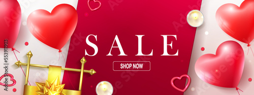 Festive card with Valentine's Day, shiny heart, golden frame