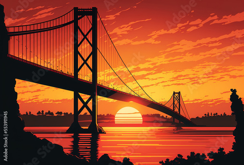 sunset over a large red suspension bridge large yellow orange sunset in the distance  with the bridge in the foreground. Generative AI