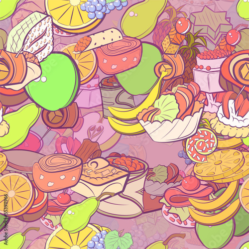 Background pattern abstract design texture. Seamless. Snacks and Fruits. Theme is about Khinkali, biscuit, meat, pear, filling, marshmallows, cucumber roll, six-pointed, sandwich, borscht