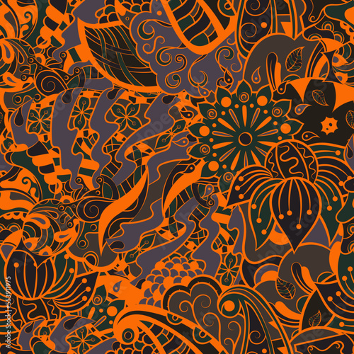 Tracery seamless pattern. Mehndi design. Dark sharp colors. 6 colors. Ethnic doodle texture. Curved doodling background. Vector