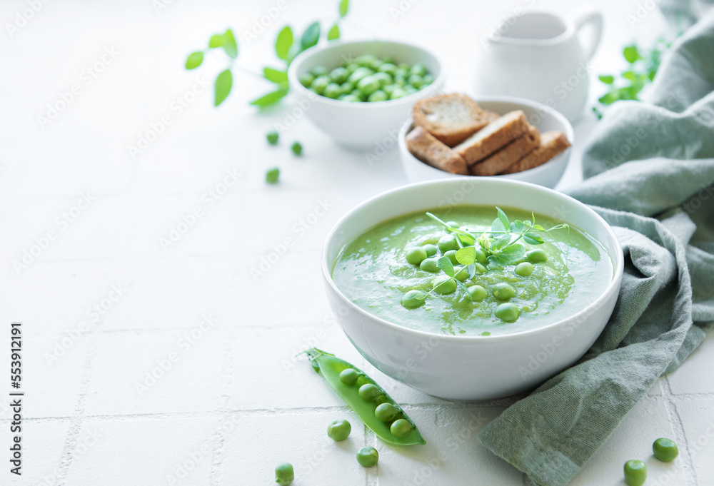 Fresh vegetable soup made of green peas Fresh vegetable soup made of green peas