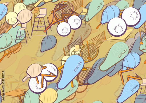 Background pattern abstract design texture. Seamless. Tennis. Theme is about chair, sports judge, inventory, tennis balls, tennis racket, pin, clip, observer, ping-pong, lathing, table, case