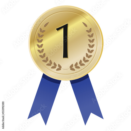 Icon Illustration of gold medal with blue ribbon.