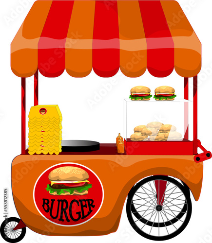 Fast food business seller kiosk. Hamburger fast food shop street cart city