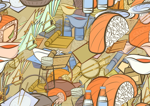 Background pattern abstract design texture. Seamless. Table setting and Japanese food. Theme is about bottles, folded, holes, squares, roll salmon, napkin, bamboo mat, water bottles, sushi salmon