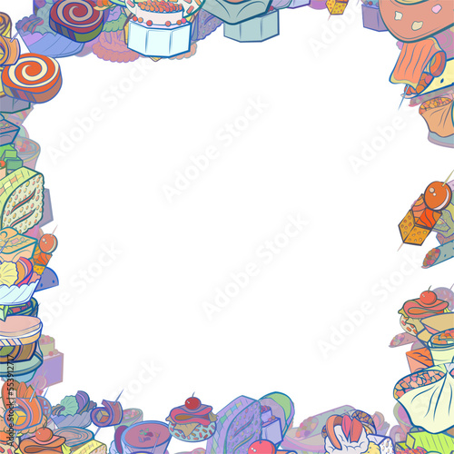 Background pattern abstract design texture. Snacks. Border frame, transparent background. Theme is about onigiri, wrapped up, sweetness, wand, cake, twisted filling, salmon, dough, stuffed cabbage