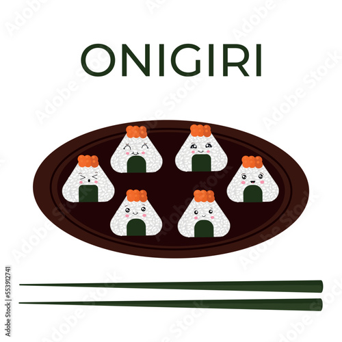 Vector illustration of Onigiri in the style of kawaii. Japanese fast food made of rice with a filling formed in the form of a triangle of nori seaweed