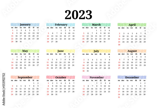 Calendar for 2023 isolated on a white background