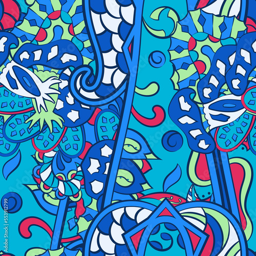 Tracery seamless pattern. Mehndi design. 7 colors. Ethnic doodle texture. Curved doodling background. Vector