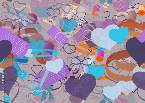 Background pattern abstract design texture. Seamless. Theme is about kit, romance, love, decoration, adornment, scissors, knit, hobby, ribbons, handicraft, tailor, spool, knitting, needle