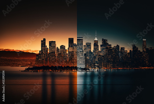 Wide cut, long distance evening photo of the San Francisco skyline. Generative AI © 2rogan