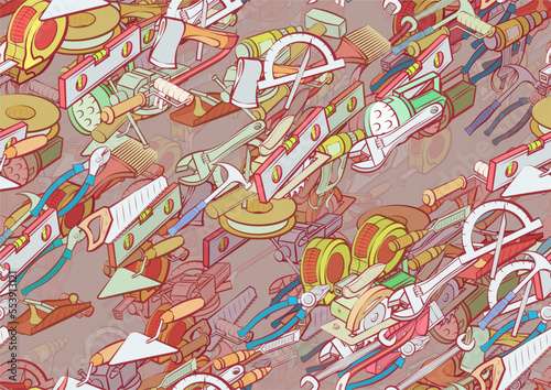 Background pattern abstract design texture. Seamless. Building tools and Repair. Theme is about for the garage, power tool, building level, painter, vice, wrench, installation, forceful effect