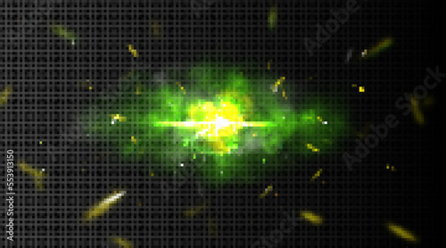 Explosion effect with sparks, green light and smoke. Bomb explode with yellow glowing center and flying particles or embers. Firework flare, flash, bright twinkle, Realistic 3d vector illustration