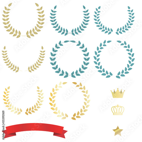 Vector illustration of a laurel tree, crown, star and red ribbon.