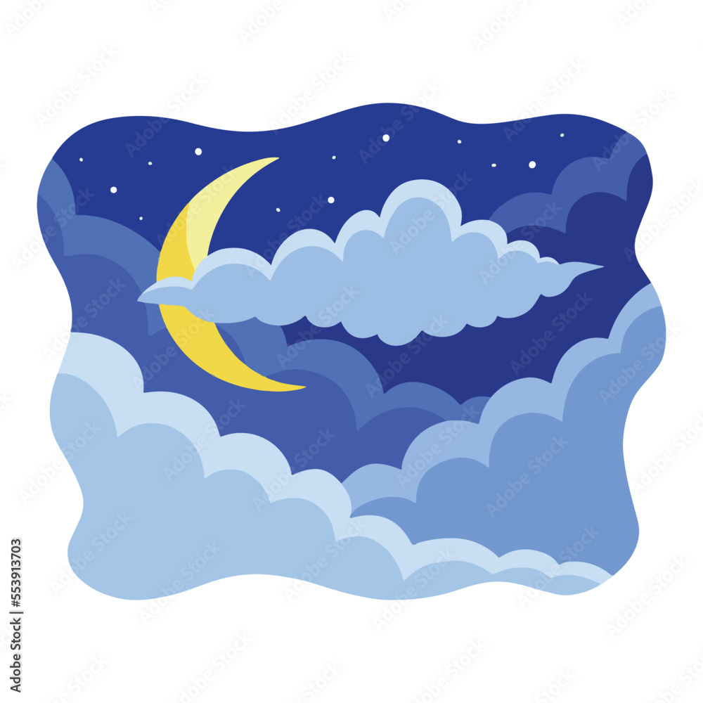 Blue Cloudy Night sky with moon, stars, and clouds vector illustration isolated on plain white background. Cartoon simple art style drawing artwork.