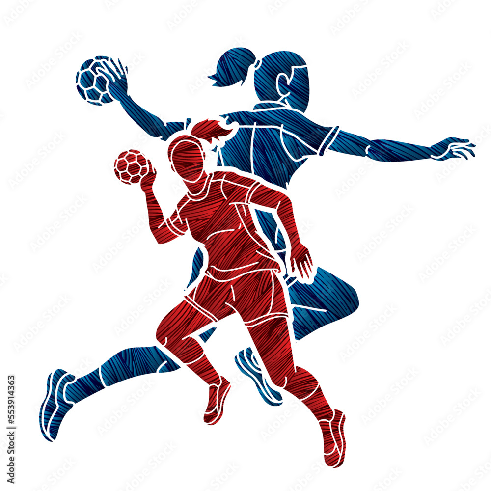 Group of Handball Players Female Mix Action Cartoon Sport Team Graphic Vector