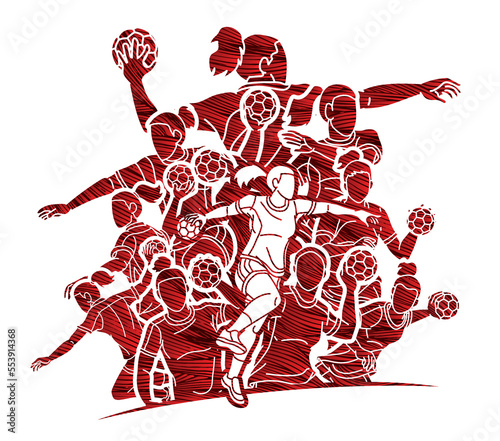 Group of Handball Players Female Mix Action Cartoon Sport Team Graphic Vector
