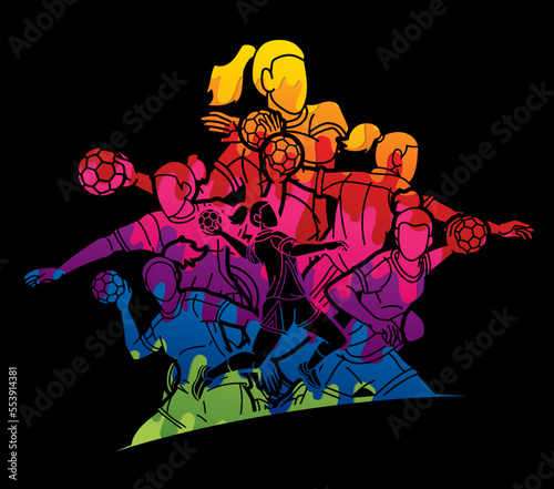 Group of Handball Players Female Mix Action Cartoon Sport Team Graphic Vector