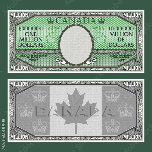 Vector template vintage Canadian money. Obverse and reverse of banknote with guilloche frame. The inscriptions in French mean one million dollars. Empty oval.