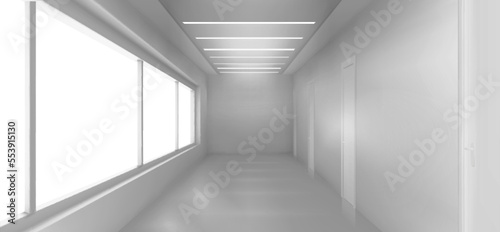 White empty corridor, 3d hospital, clinic, office hall with large windows and doors by sides perspective view. Modern ward, medical fascility, light room with lamps on ceiling, Realistic vector mock p