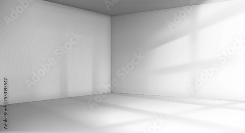 Room corner with sunlight shadow from window. Empty interior with white walls, floor and ceiling. Hall, apartment 3d background with sun light shade perspective view, Realistic 3d vector illustration