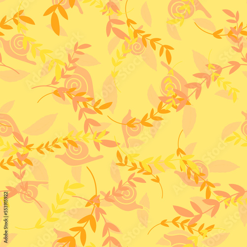 Nature Autumn Fall Seamless Background with Snail for Ecology Thematic Wallpaper or Textile Backdrop Concept.