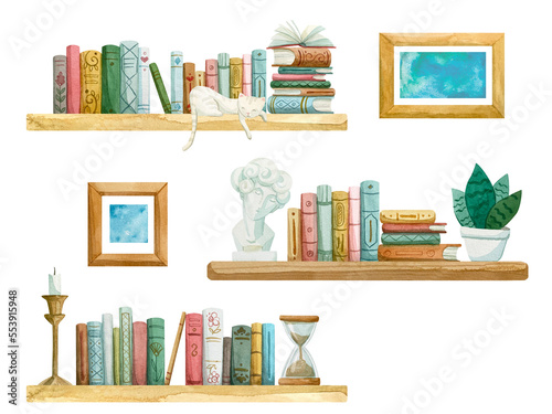 A set of shelves with books, stacks of books, a plaster head, a candlestick and framed paintings.