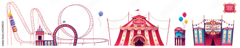Carnival funfair with roller coaster, circus tent, tickets booth and hall of mirrors. Amusement park with festival fair tents and attractions, signs and balloons, vector cartoon set