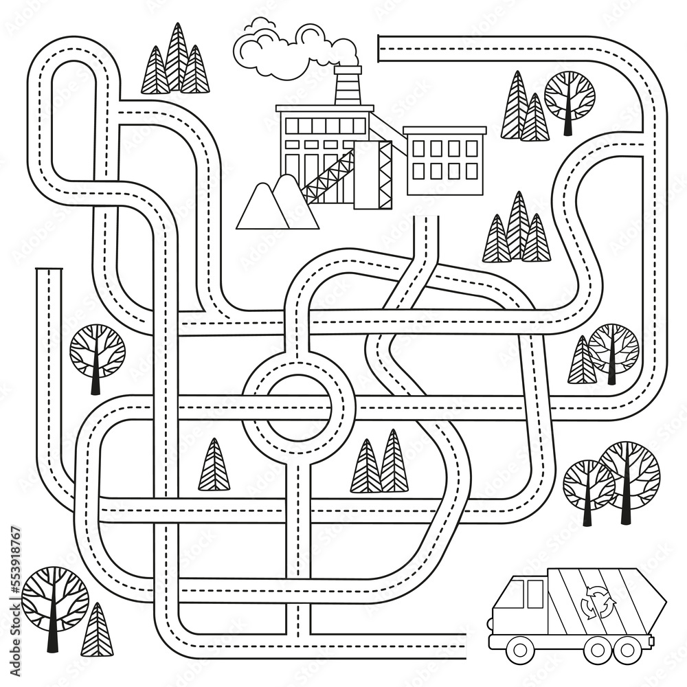 Maze game with vehicles and tangled road. Help the garbage truck to ...