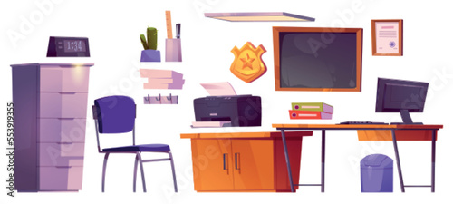 Police station office inside with desk, computer, chair, file cabinet, gold badge on wall and blackboard. Police department room, detective workplace furniture, vector cartoon set