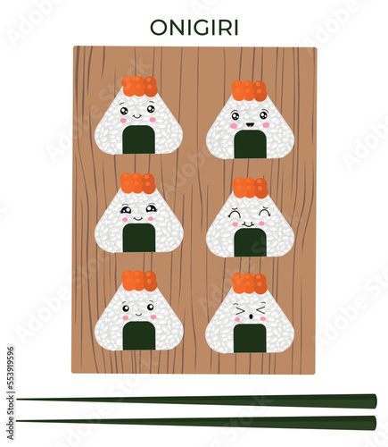 Vector illustration of Onigiri in the style of kawaii. Japanese fast food made of rice with a filling formed in the form of a triangle of nori seaweed