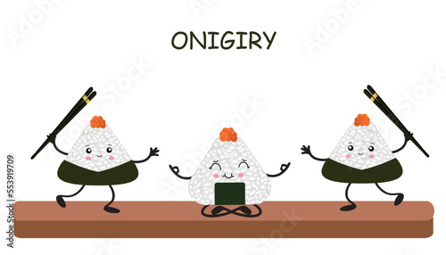 Vector illustration of Onigiri in the style of kawaii. Japanese fast food made of rice with a filling formed in the form of a triangle of nori seaweed