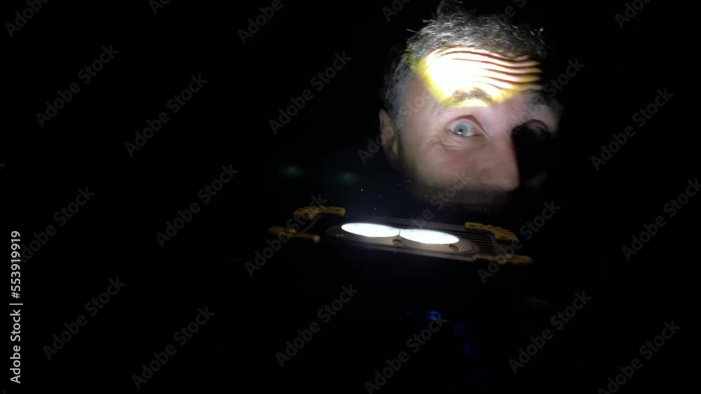 Man With Illuminated Flashlight Looking Away In Darkroom face with a